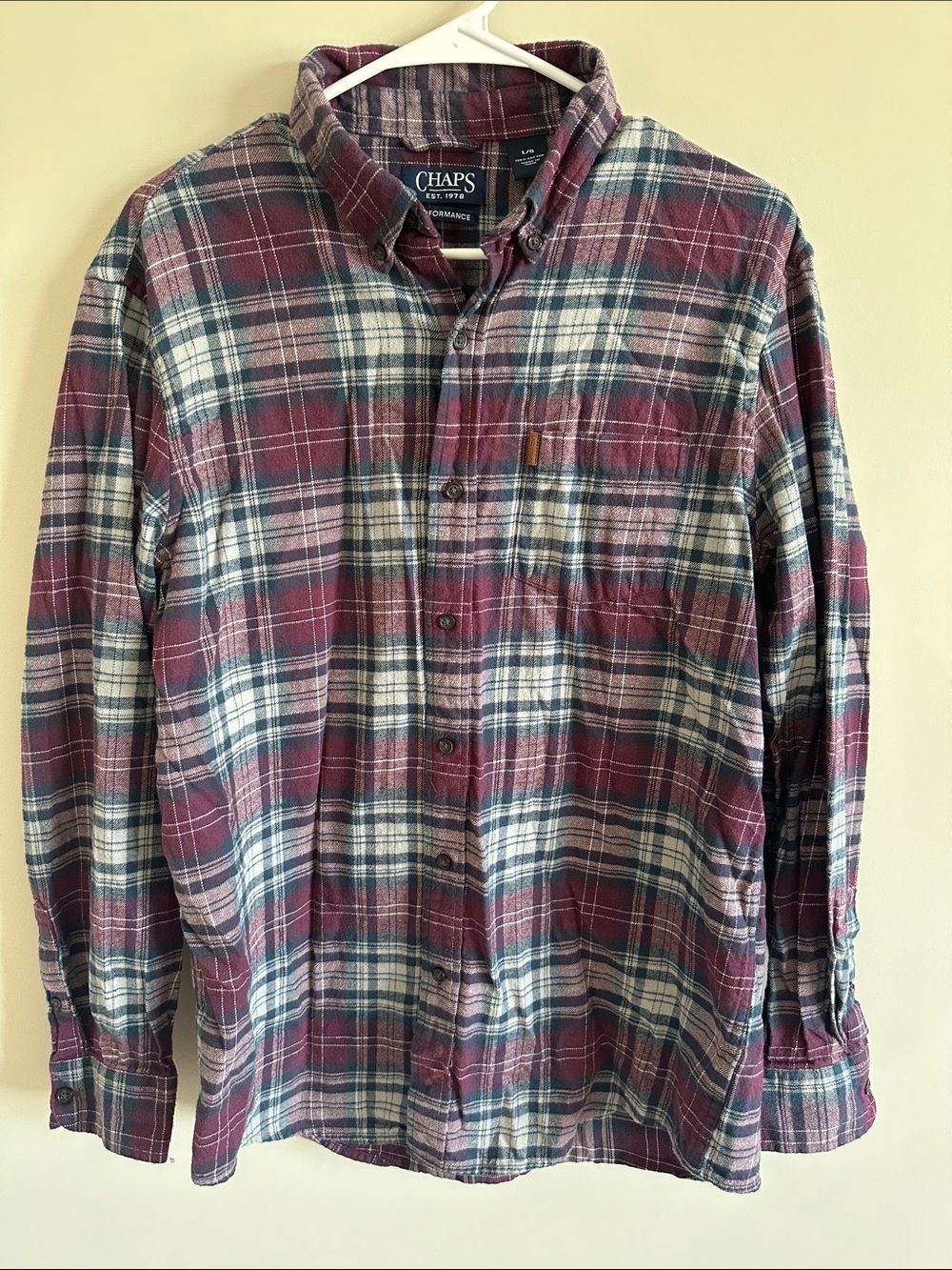 Chaps Men's Maroon and White Flannel Button-Down Shirt